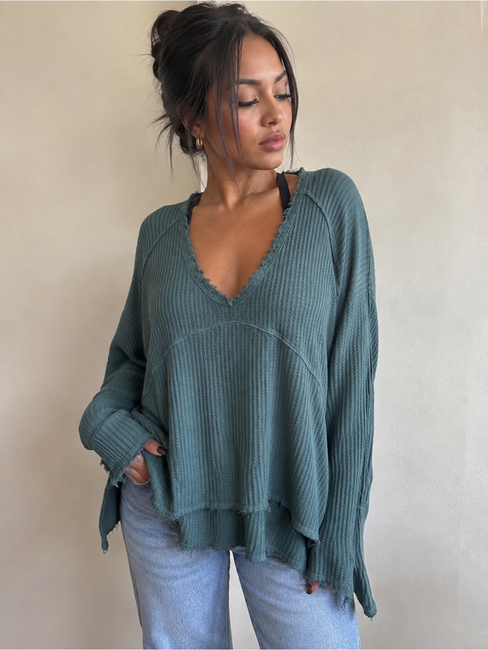 Free People Distressed Waffle V-Neck Sweater - Teal